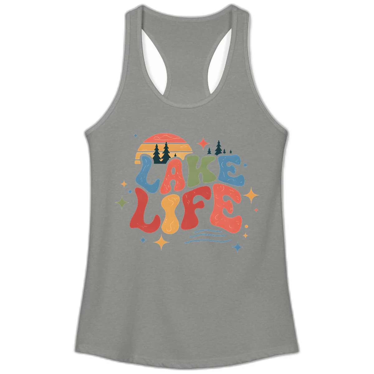 Retro Lake Life Typography Design Ladies Tank in Heather Grey