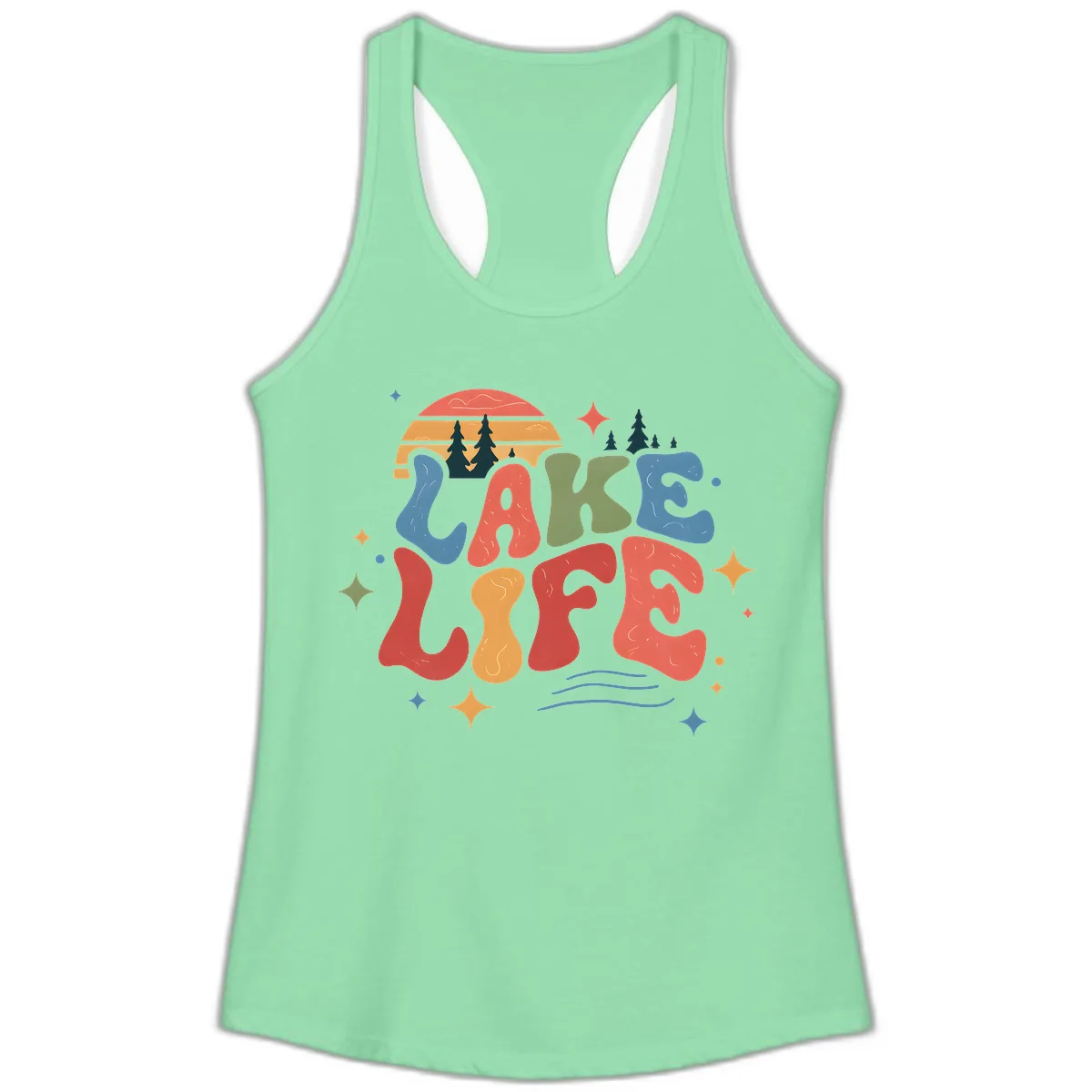 Retro Lake Life Typography Design Ladies Tank in Solid Mint