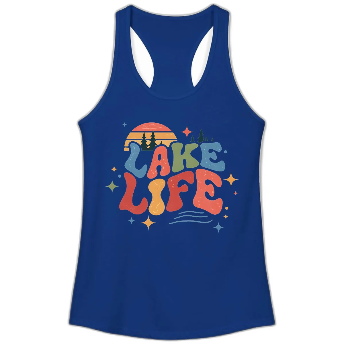 Retro Lake Life Typography Design Ladies Tank in Solid Royal