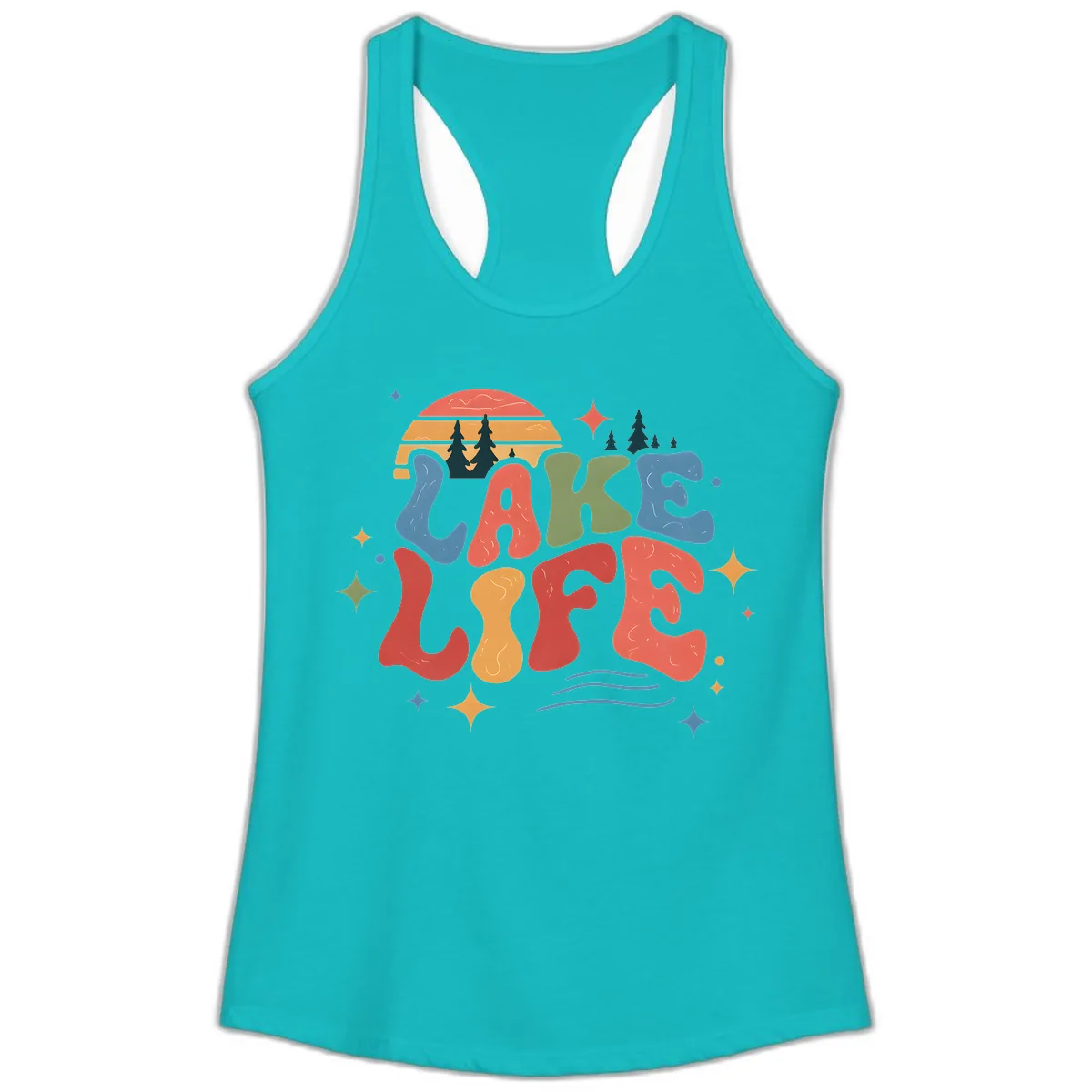 Retro Lake Life Typography Design Ladies Tank in Tahiti Blue