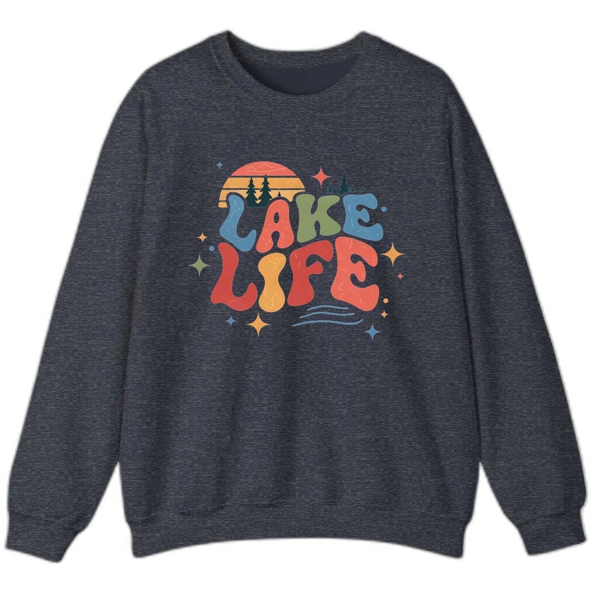 Retro Lake Life Typography Design Sweatshirt in Heather Sport Dark Navy
