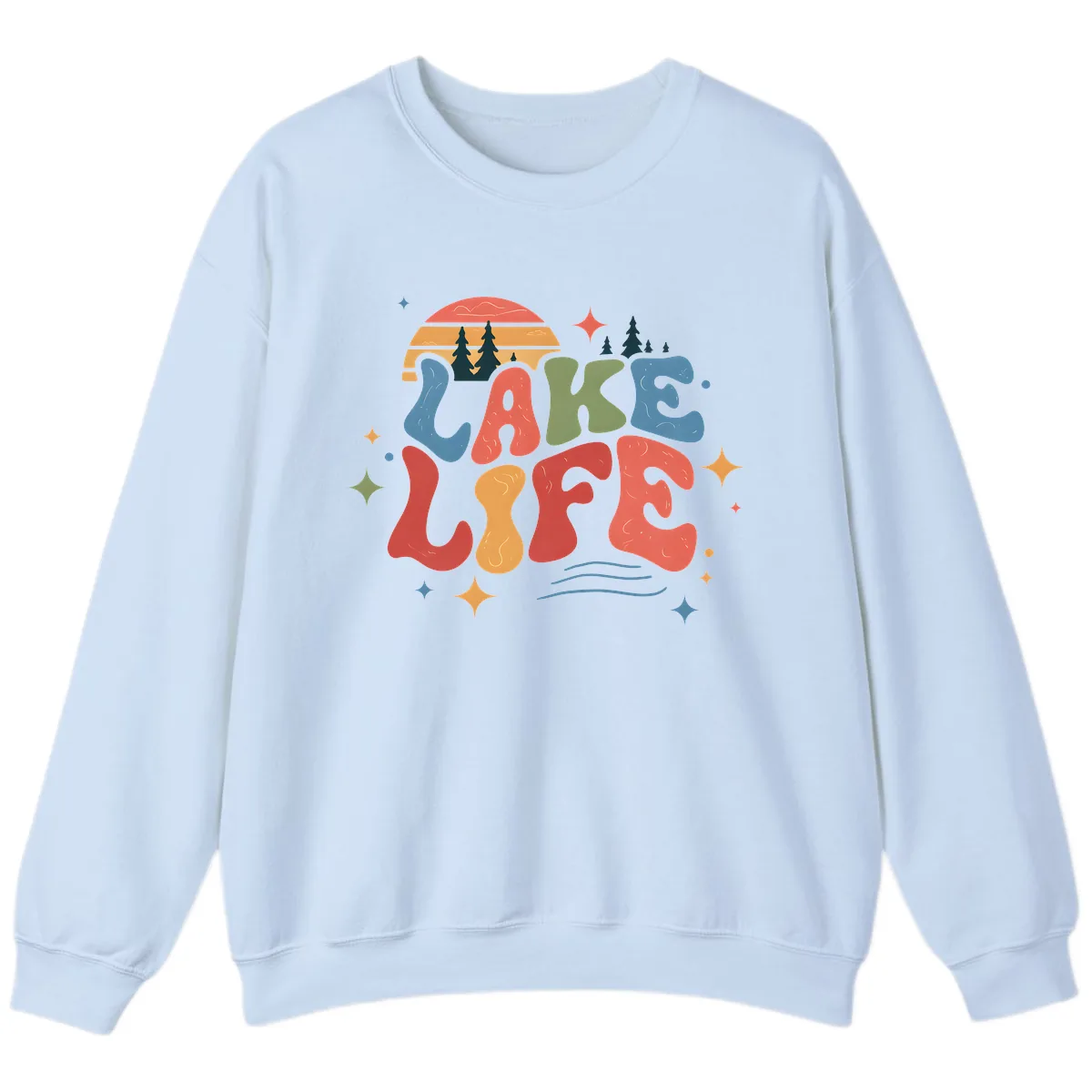 Retro Lake Life Typography Design Sweatshirt in Light Blue