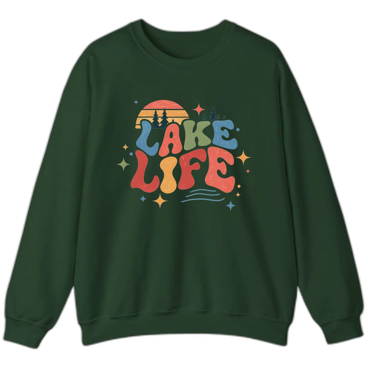 Retro Lake Life Typography Design Sweatshirt in Forest Green