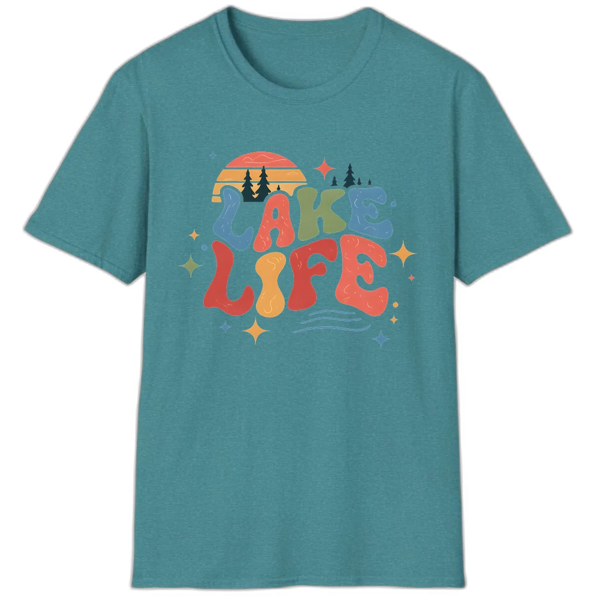 Retro Lake Life Typography Design T-Shirt in Heather Galapagos Blue