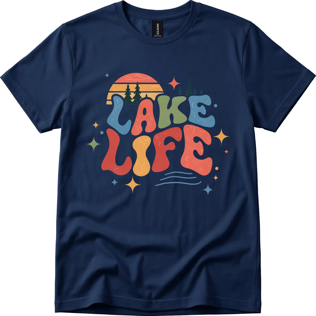 Retro Lake Life Typography Design T-Shirt in Navy
