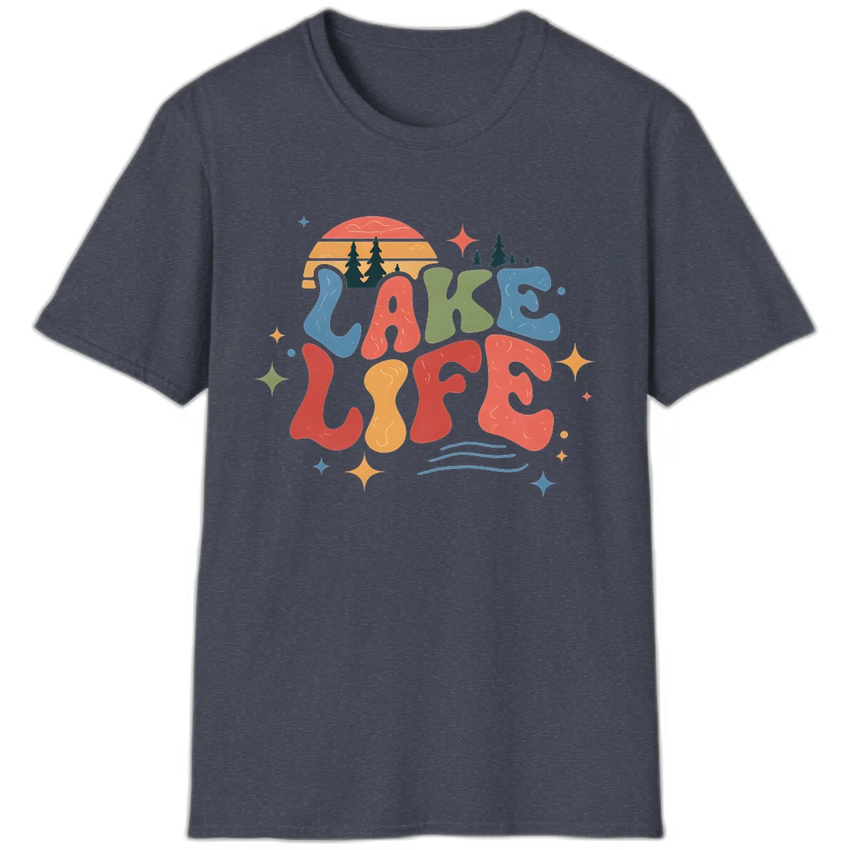 Retro Lake Life Typography Design T-Shirt in Heather Navy