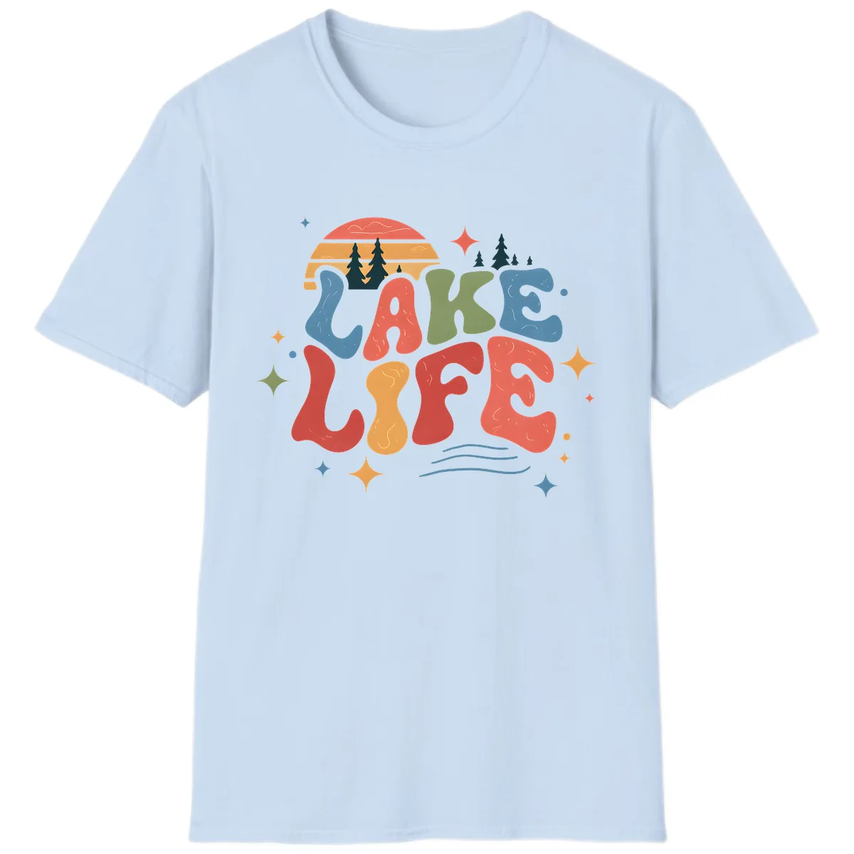 Retro Lake Life Typography Design T-Shirt in Light Blue