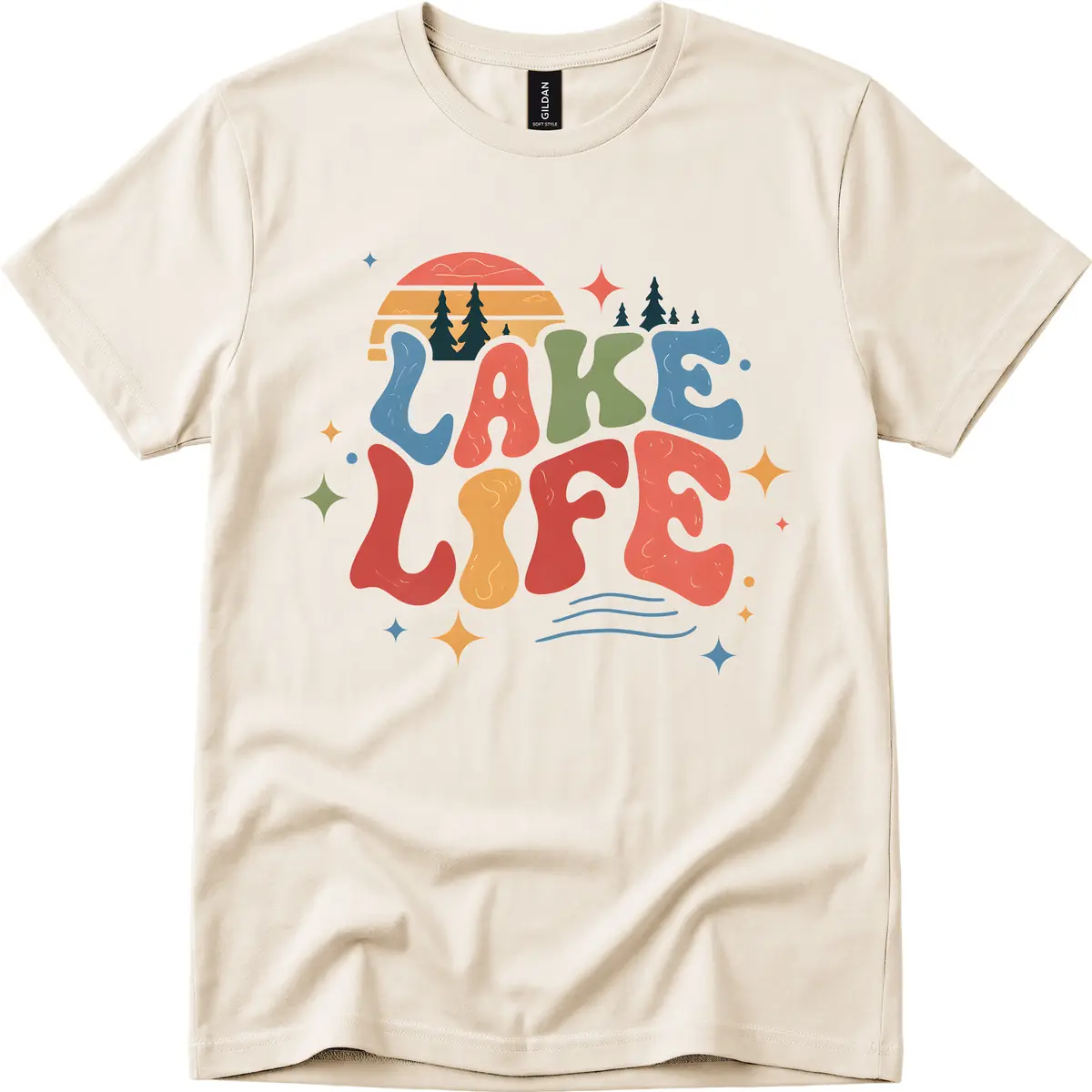 Retro Lake Life Typography Design T-Shirt in Natural