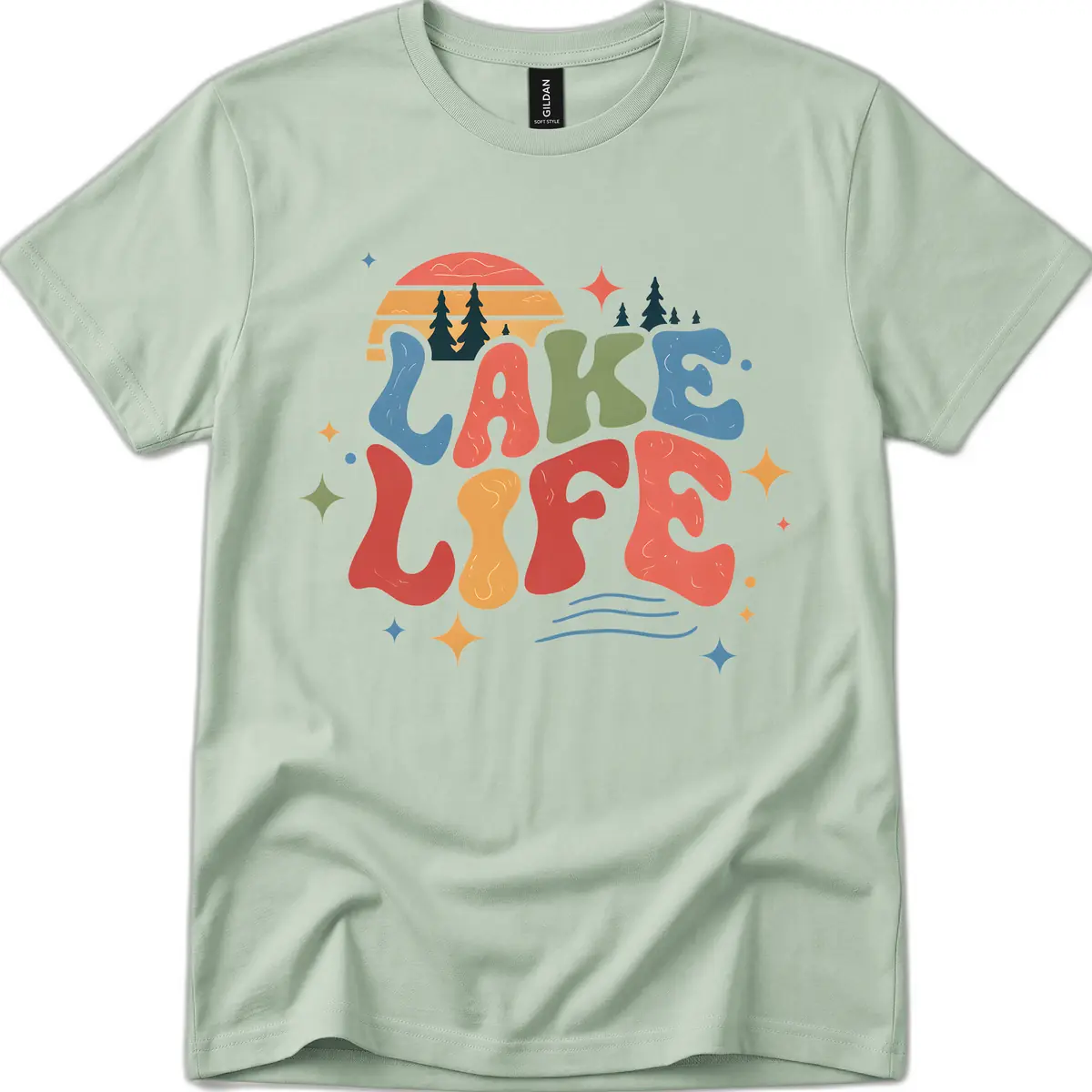 Retro Lake Life Typography Design T-Shirt in Sage