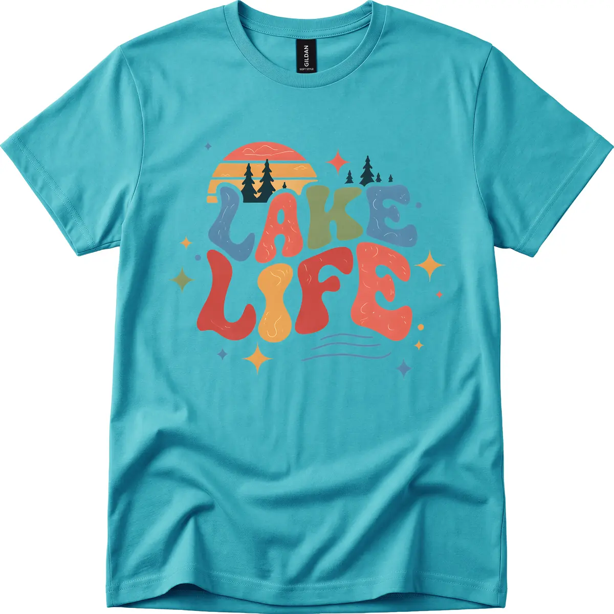 Retro Lake Life Typography Design T-Shirt in Tropical Blue