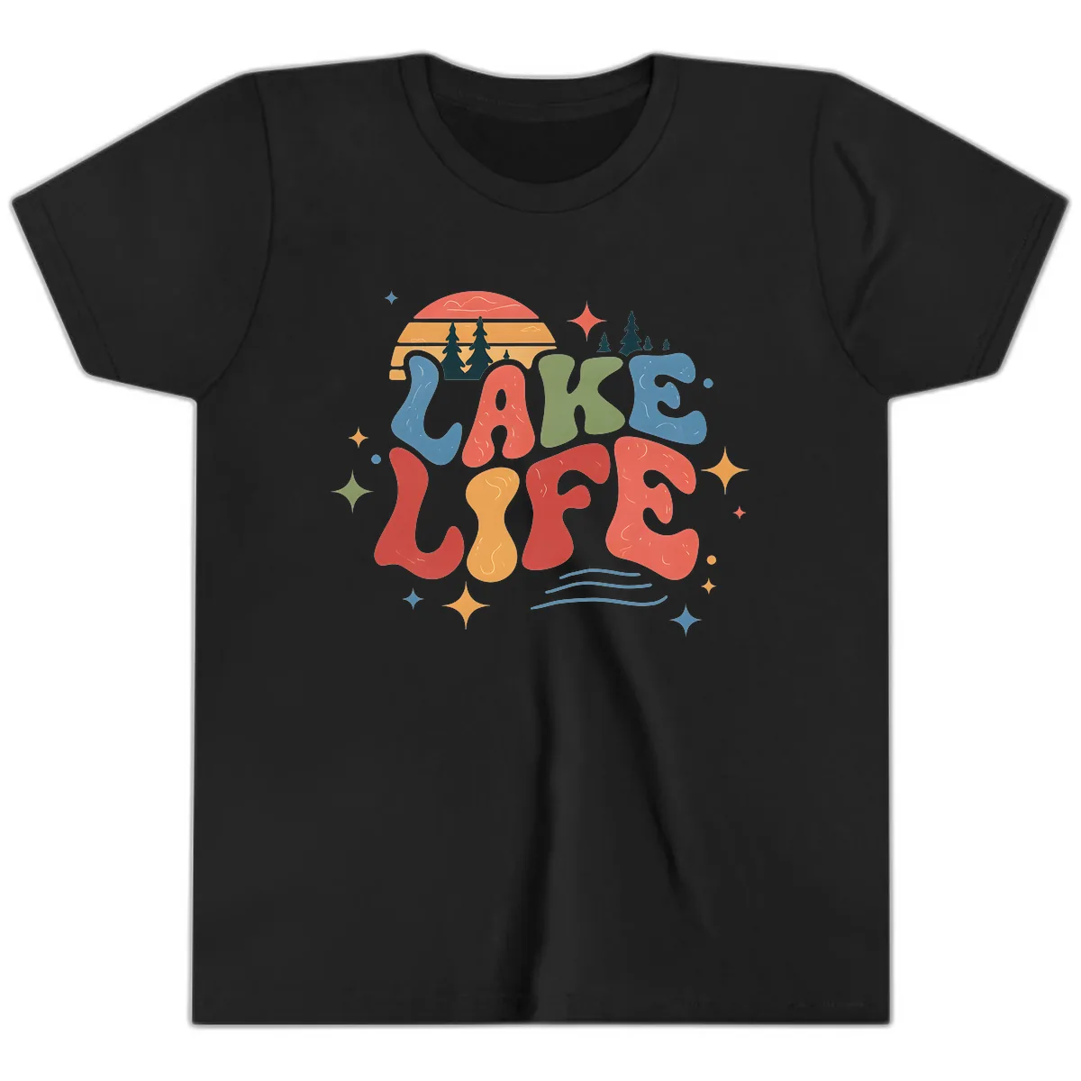 Retro Lake Life Typography Design Youth T-Shirt in Black