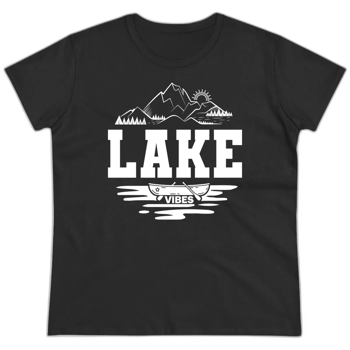 Lake Vibes Mountain Canoe Adventure Ladies Tee in Black