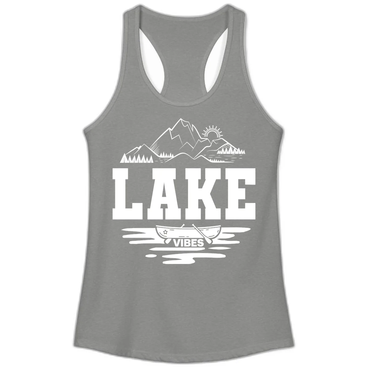Lake Vibes Mountain Canoe Adventure Ladies Tank in Heather Grey