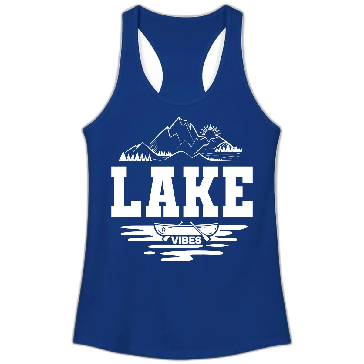 Lake Vibes Mountain Canoe Adventure Ladies Tank in Solid Royal