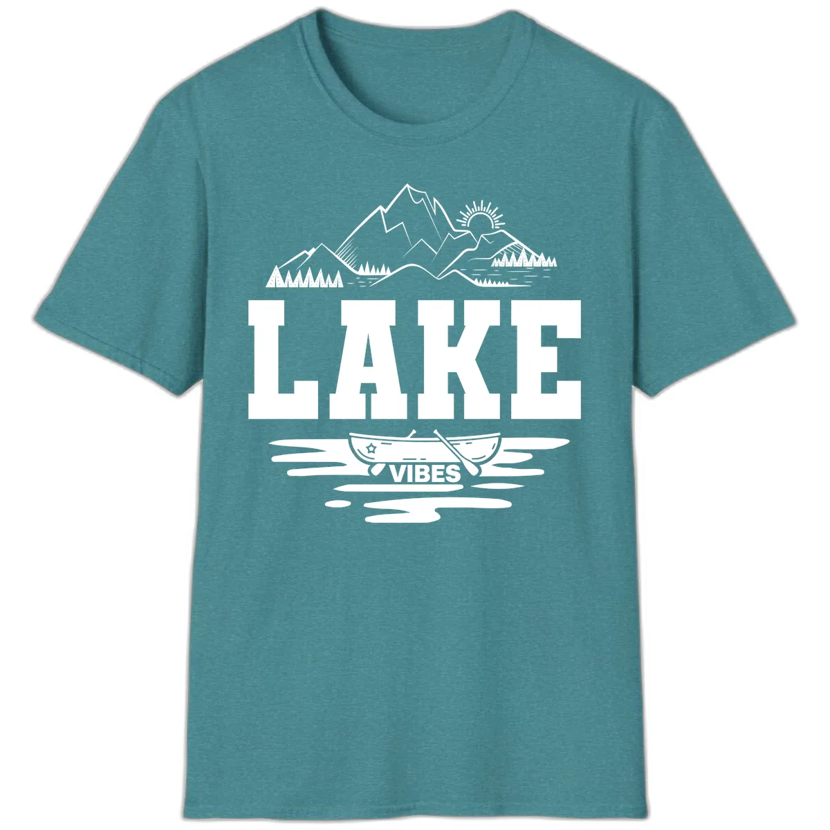 Lake Vibes Mountain Canoe Adventure T-Shirt in Heather Galapagos Blue