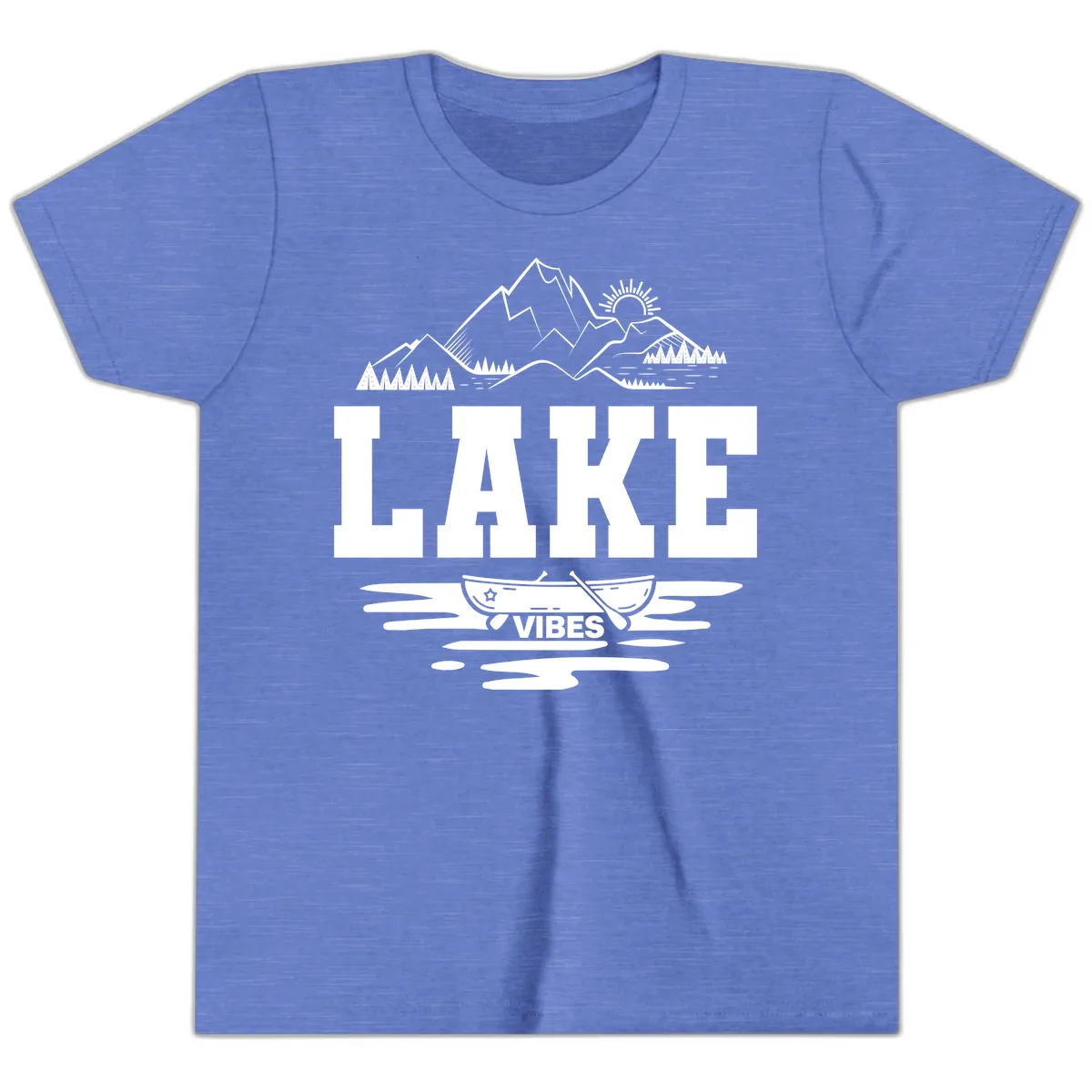 Lake Vibes Mountain Canoe Adventure Youth T-Shirt in Heather Columbia Blue