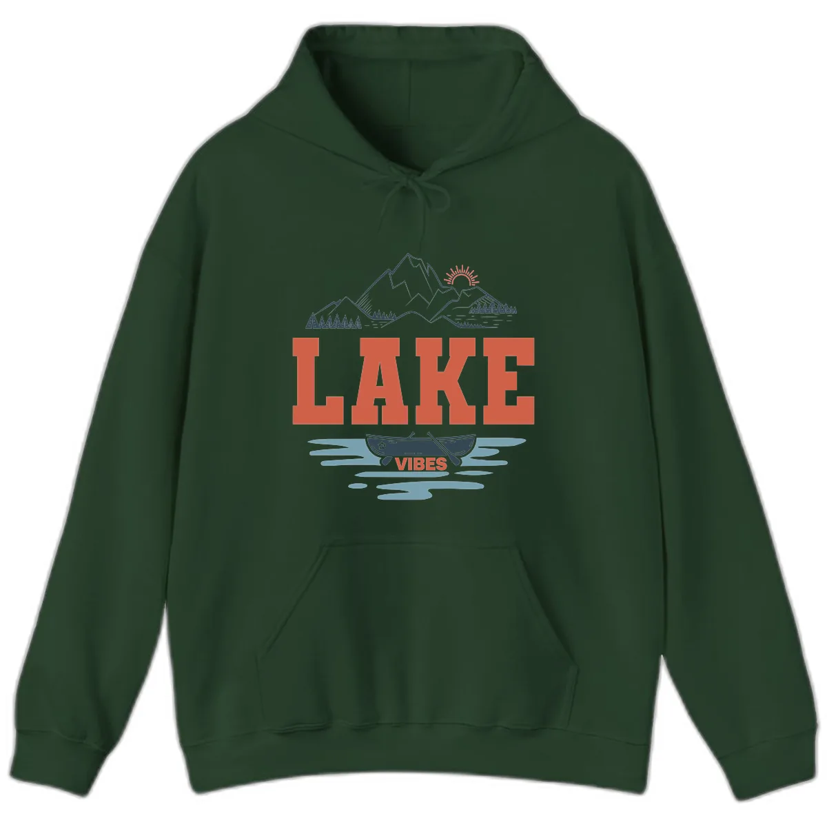 Lake Vibes Mountain Landscape Design Hoodie in Forest Green