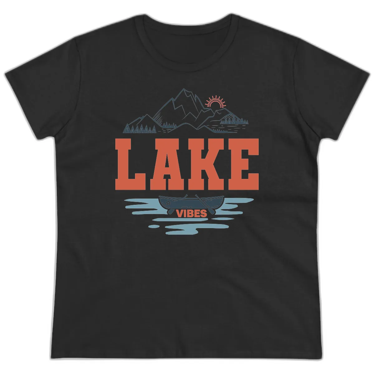 Lake Vibes Mountain Landscape Design Ladies Tee in Black