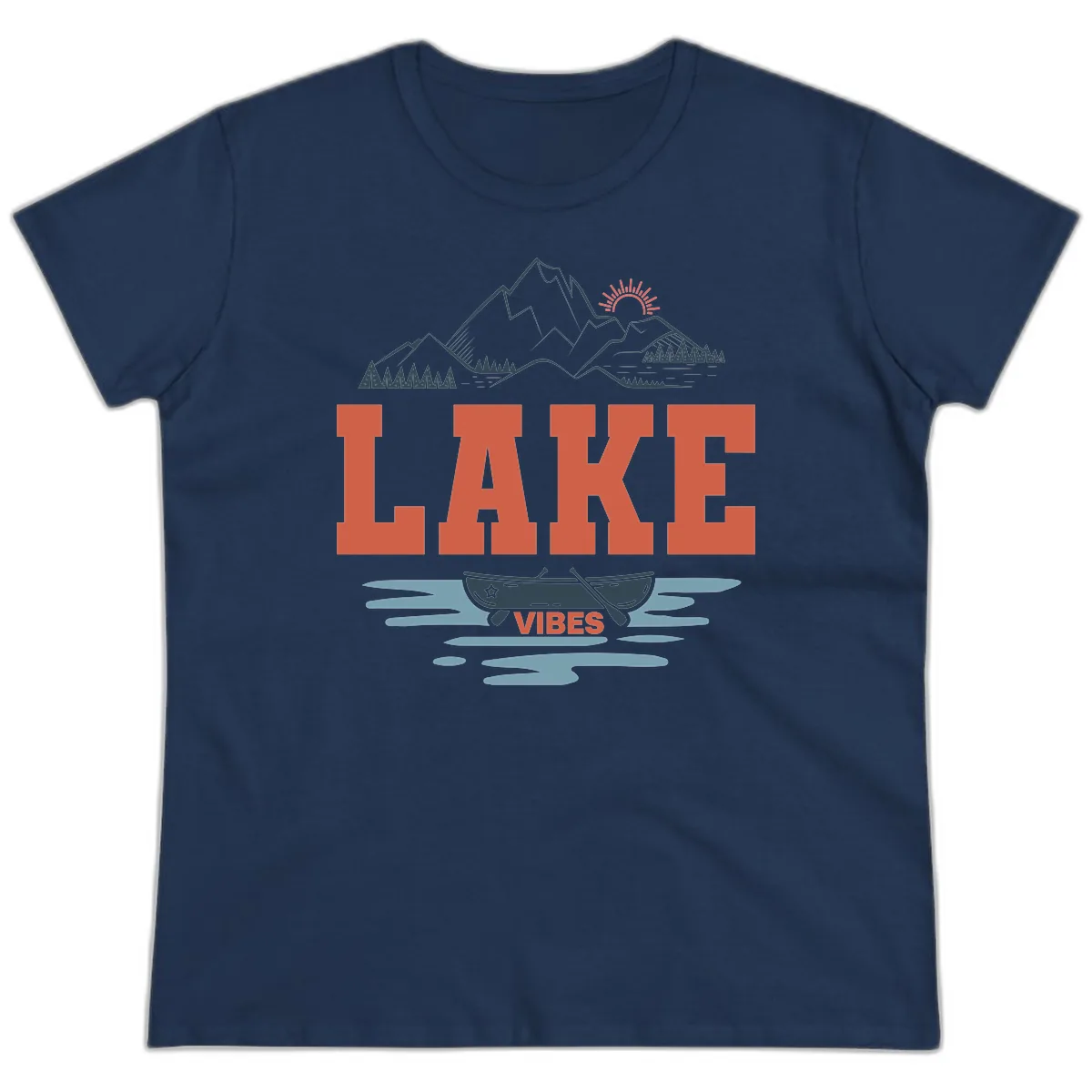 Lake Vibes Mountain Landscape Design Ladies Tee in Navy