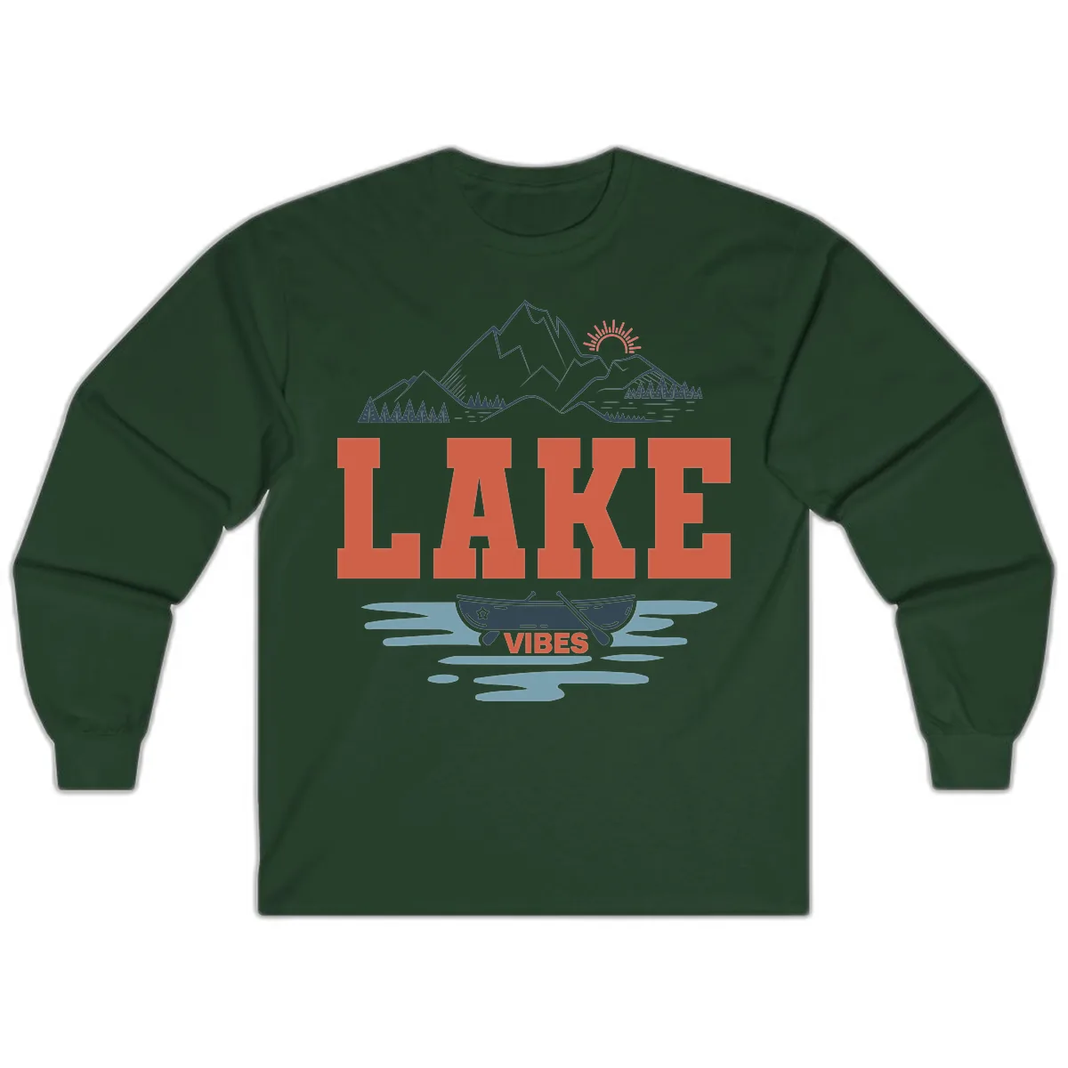 Lake Vibes Mountain Landscape Design Long Sleeve in Forest Green
