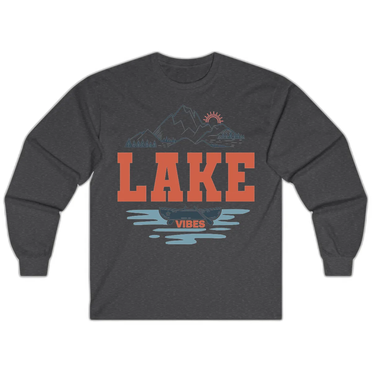 Lake Vibes Mountain Landscape Design Long Sleeve in Dark Heather