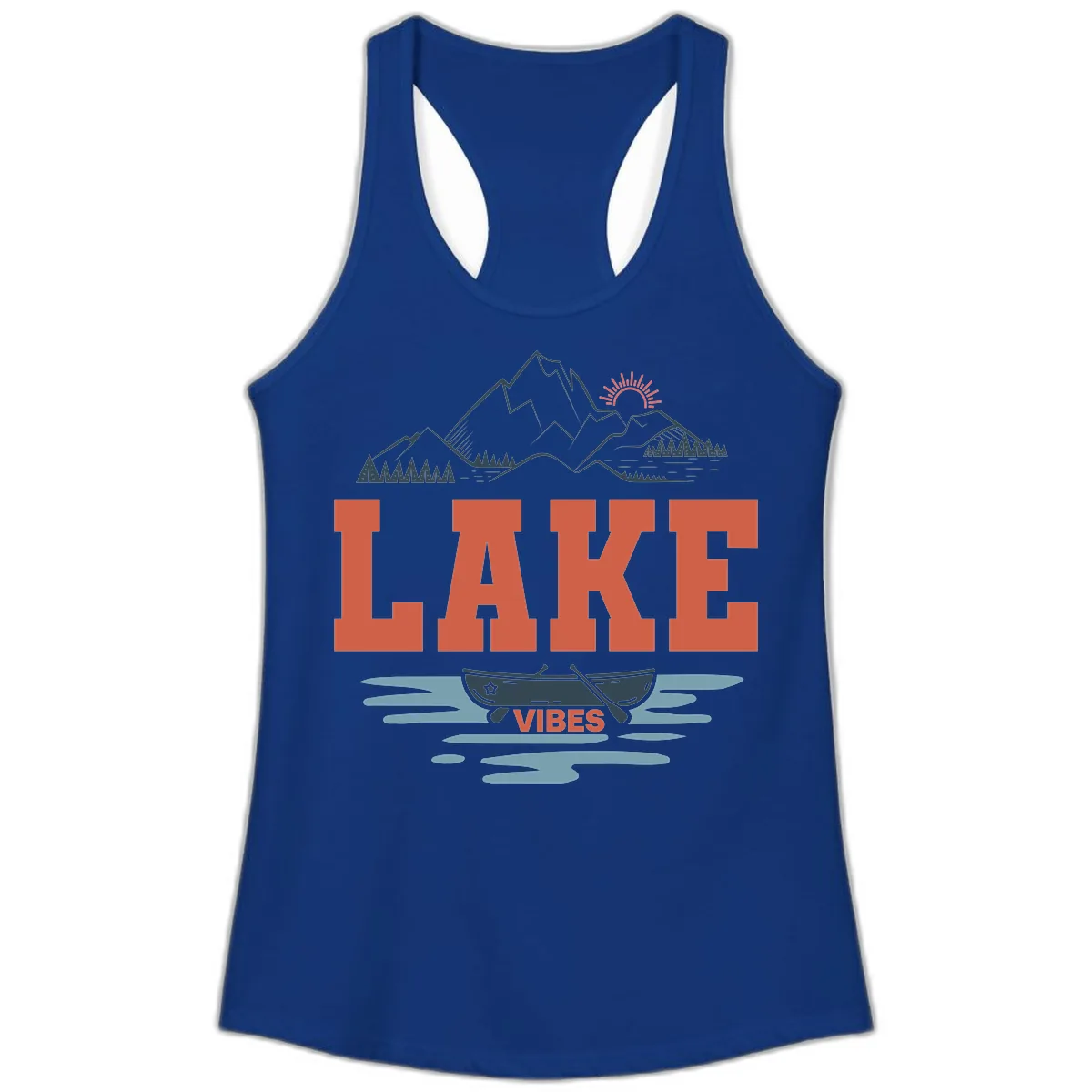 Lake Vibes Mountain Landscape Design Ladies Tank in Solid Royal