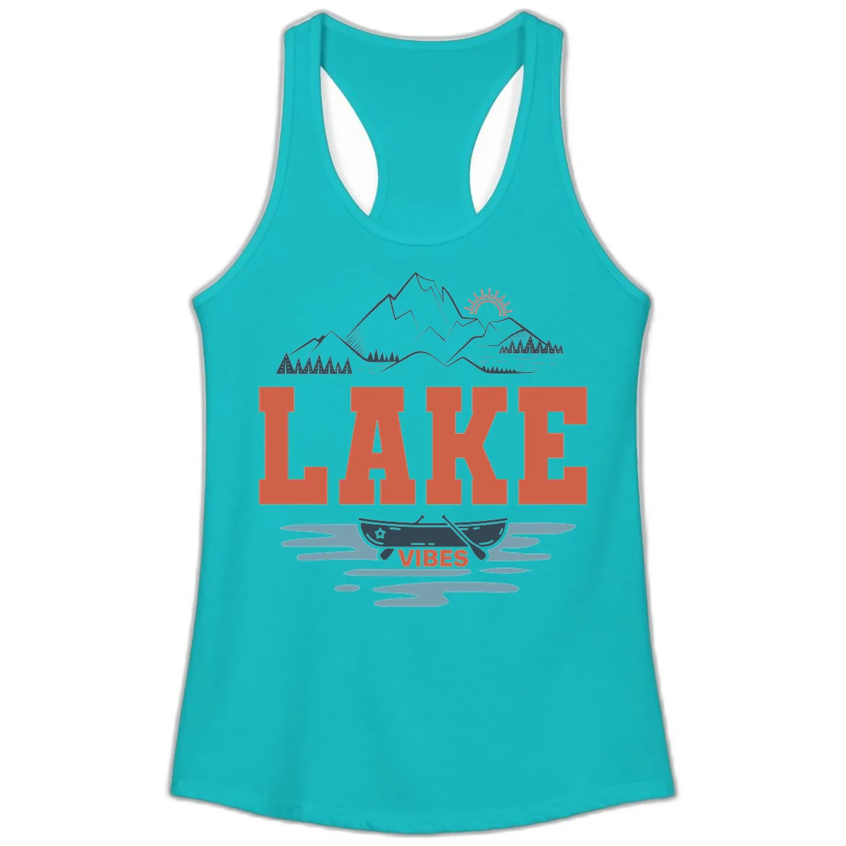 Lake Vibes Mountain Landscape Design Ladies Tank in Tahiti Blue