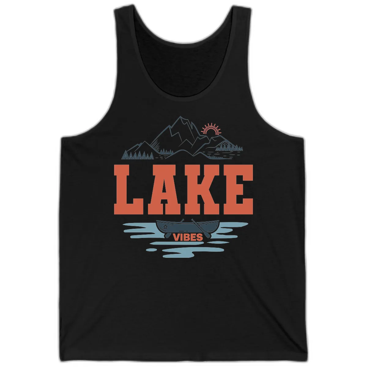 Lake Vibes Mountain Landscape Design Tank in Black