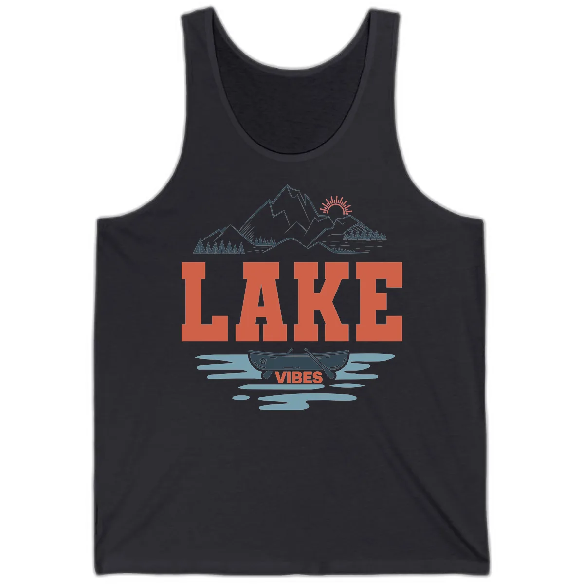 Lake Vibes Mountain Landscape Design Tank in Dark Grey