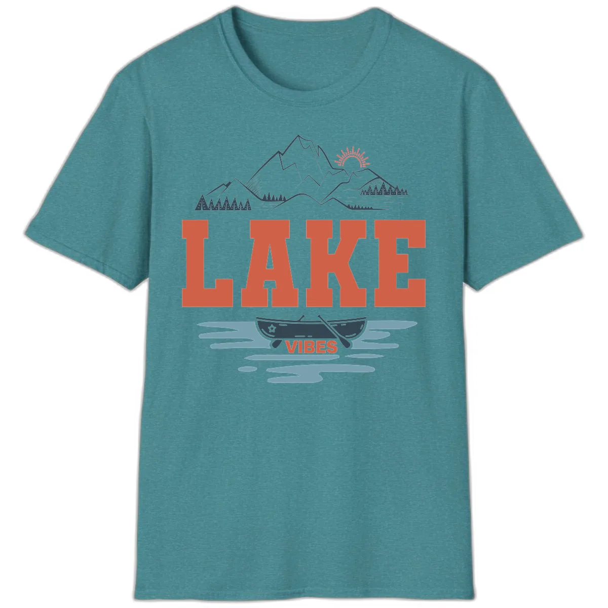 Lake Vibes Mountain Landscape Design T-Shirt in Heather Galapagos Blue
