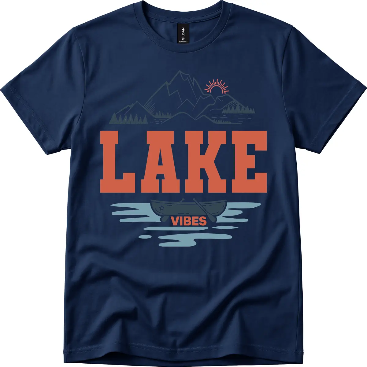 Lake Vibes Mountain Landscape Design T-Shirt in Navy