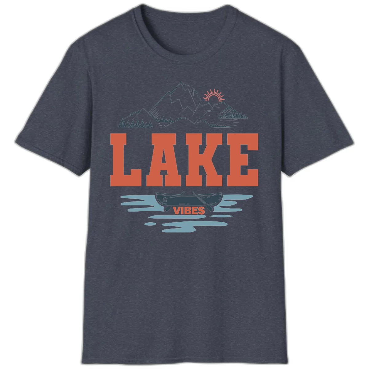 Lake Vibes Mountain Landscape Design T-Shirt in Heather Navy