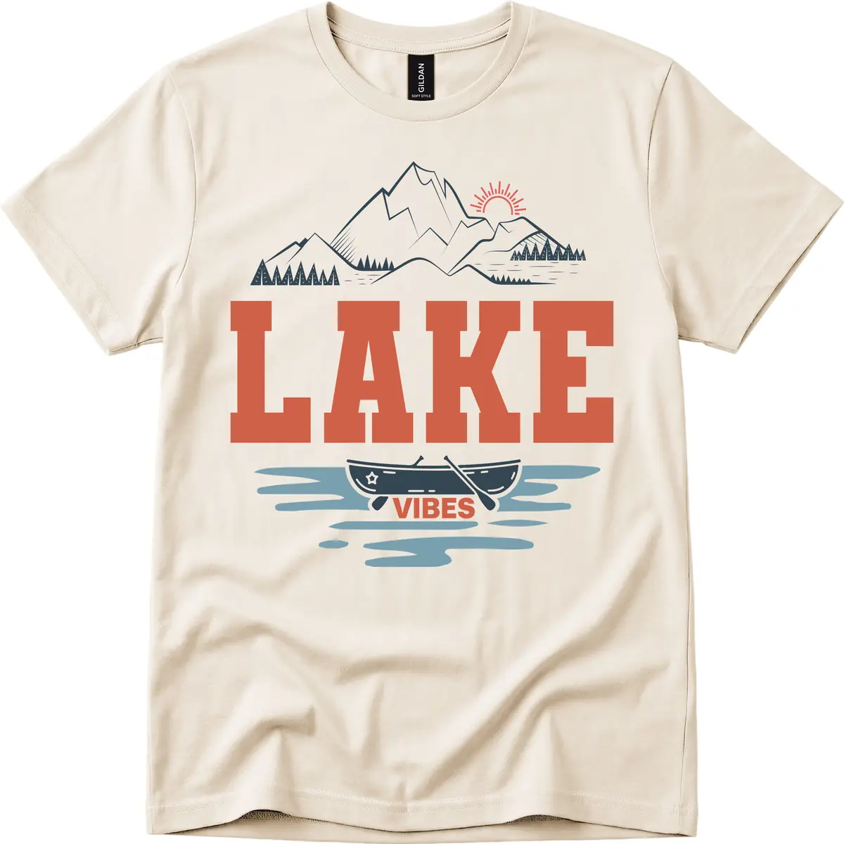Lake Vibes Mountain Landscape Design T-Shirt in Natural