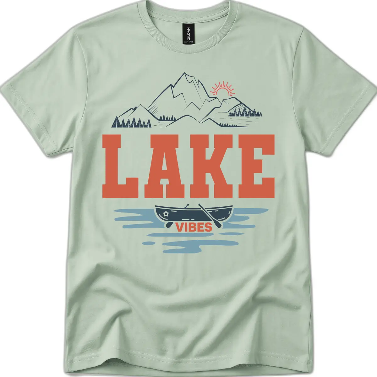 Lake Vibes Mountain Landscape Design T-Shirt in Sage