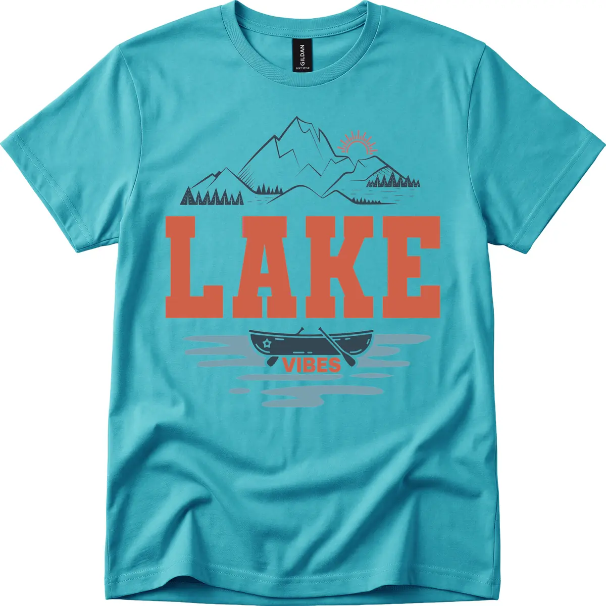 Lake Vibes Mountain Landscape Design T-Shirt in Tropical Blue