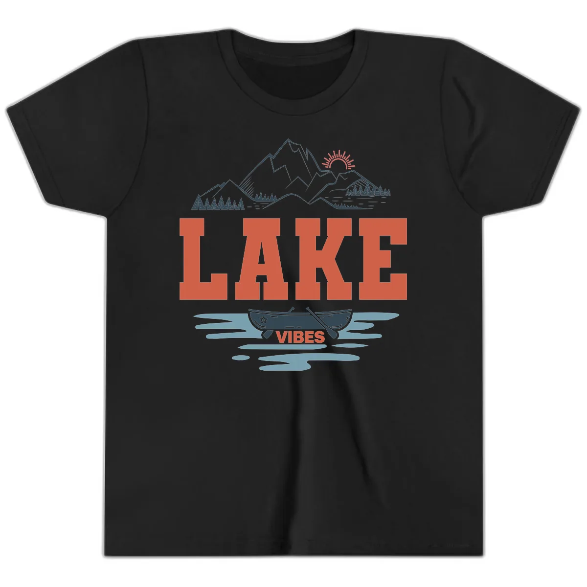 Lake Vibes Mountain Landscape Design Youth T-Shirt in Black