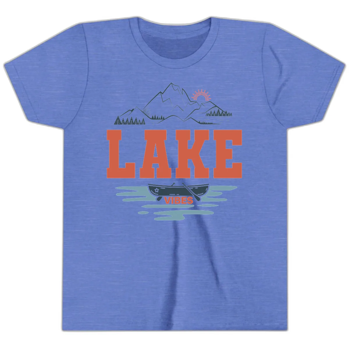 Lake Vibes Mountain Landscape Design Youth T-Shirt in Heather Columbia Blue