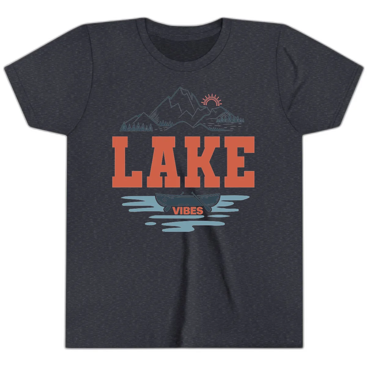 Lake Vibes Mountain Landscape Design Youth T-Shirt in Heather Navy