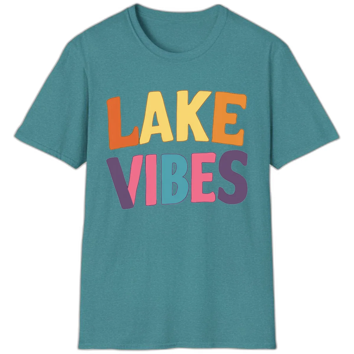 Lake Vibes Typography Design T-Shirt in Heather Galapagos Blue