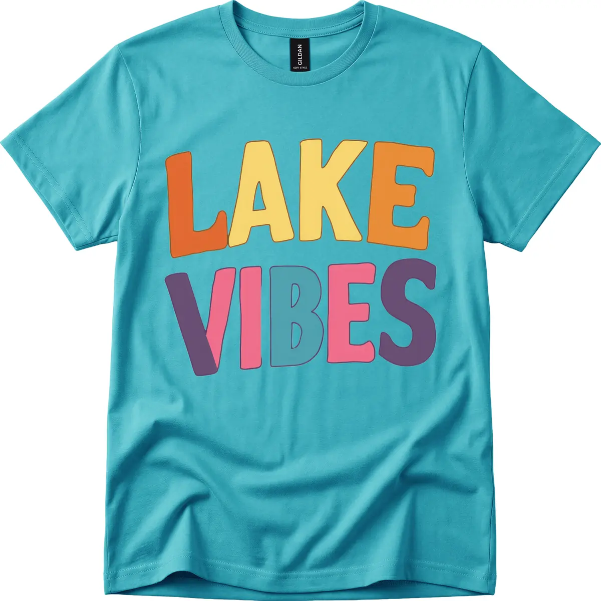 Lake Vibes Typography Design T-Shirt in Tropical Blue