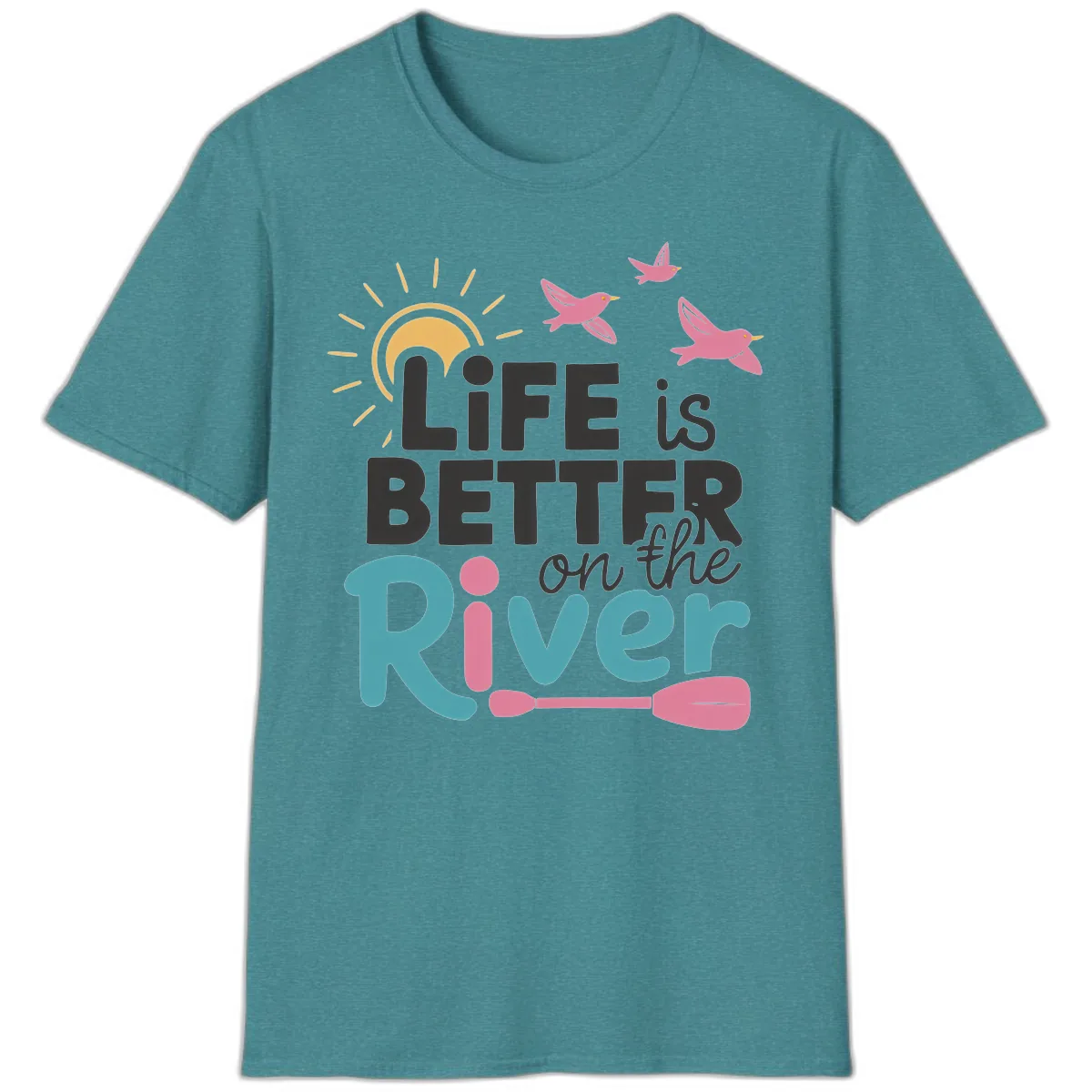 Life Is Better On The River T-Shirt in Heather Galapagos Blue