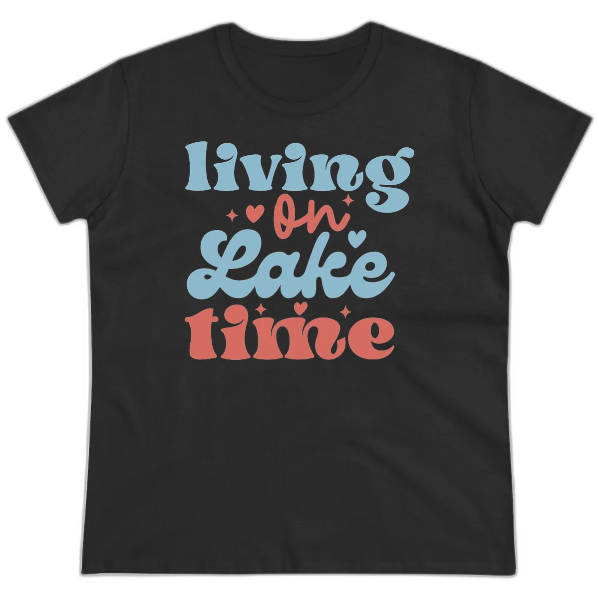 Living On Lake Time Design Ladies Tee in Black