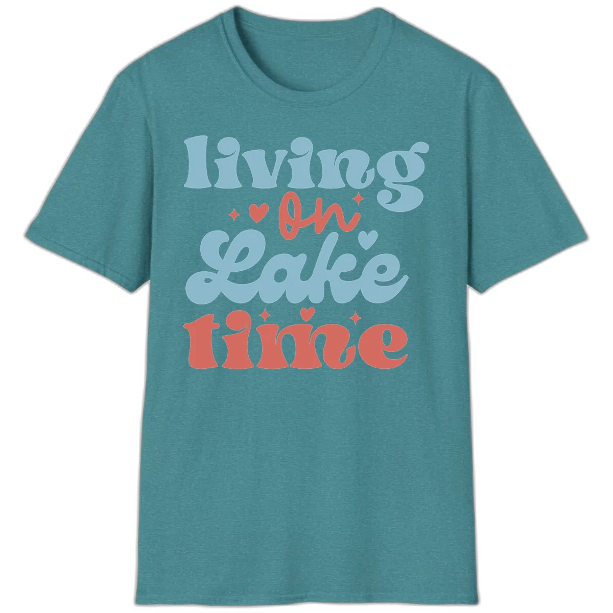 Living On Lake Time Design T-Shirt in Heather Galapagos Blue