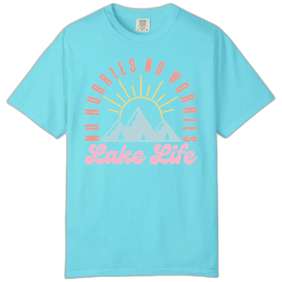 No Worries Lake Life Mountain Design Comfort Color in Lagoon Blue