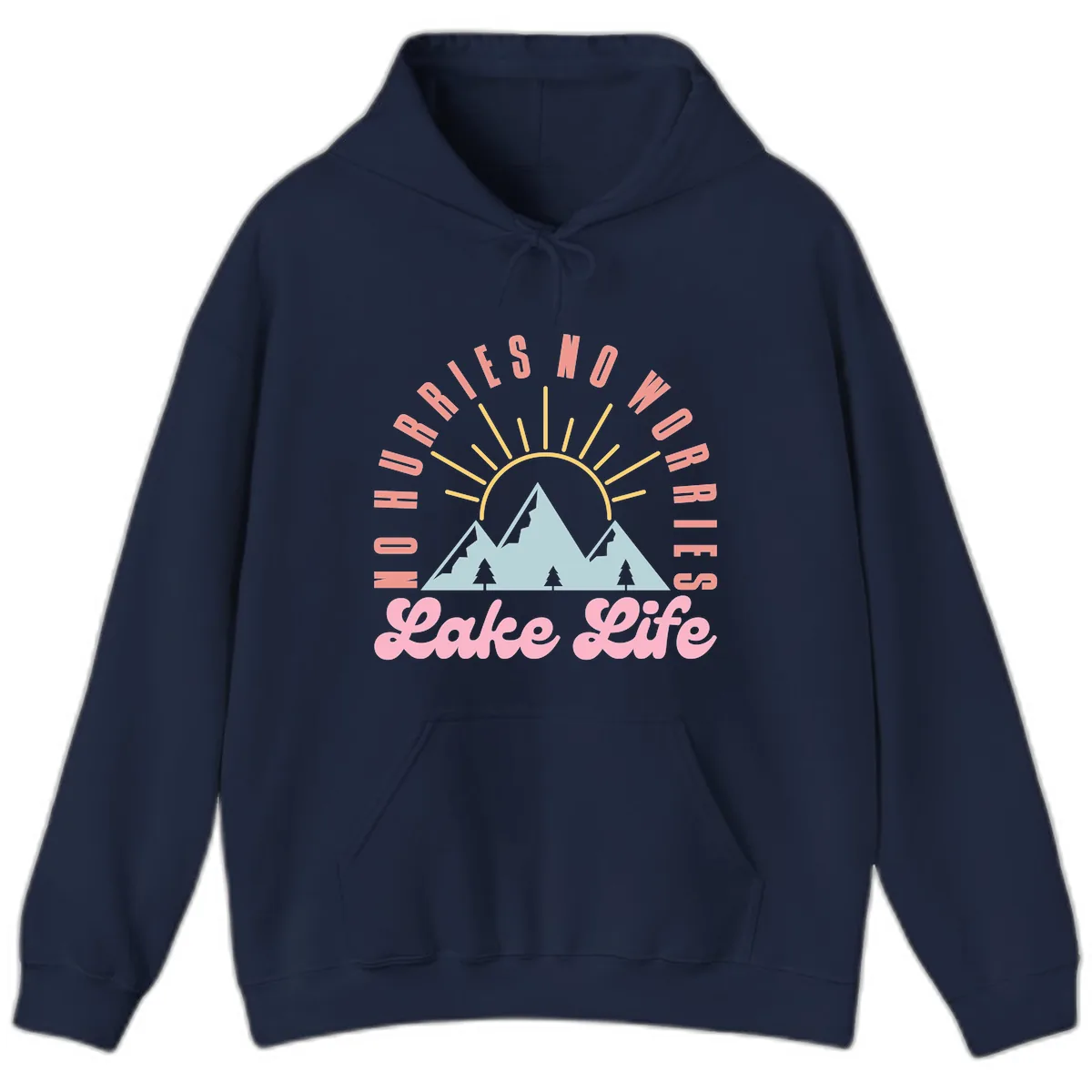 No Worries Lake Life Mountain Design Hoodie in Navy