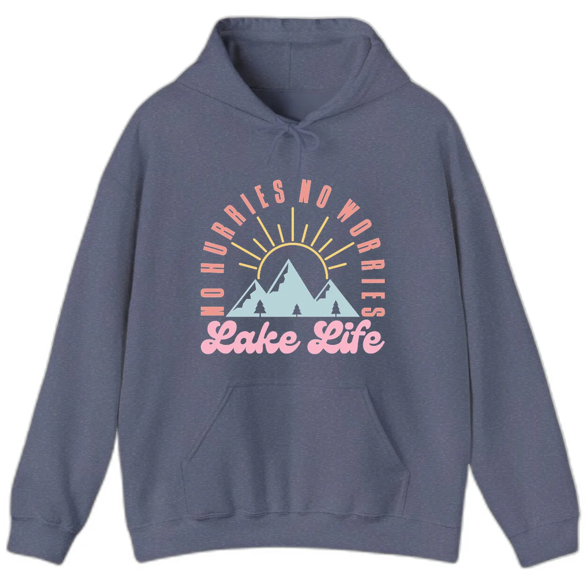 No Worries Lake Life Mountain Design Hoodie in Heather Navy