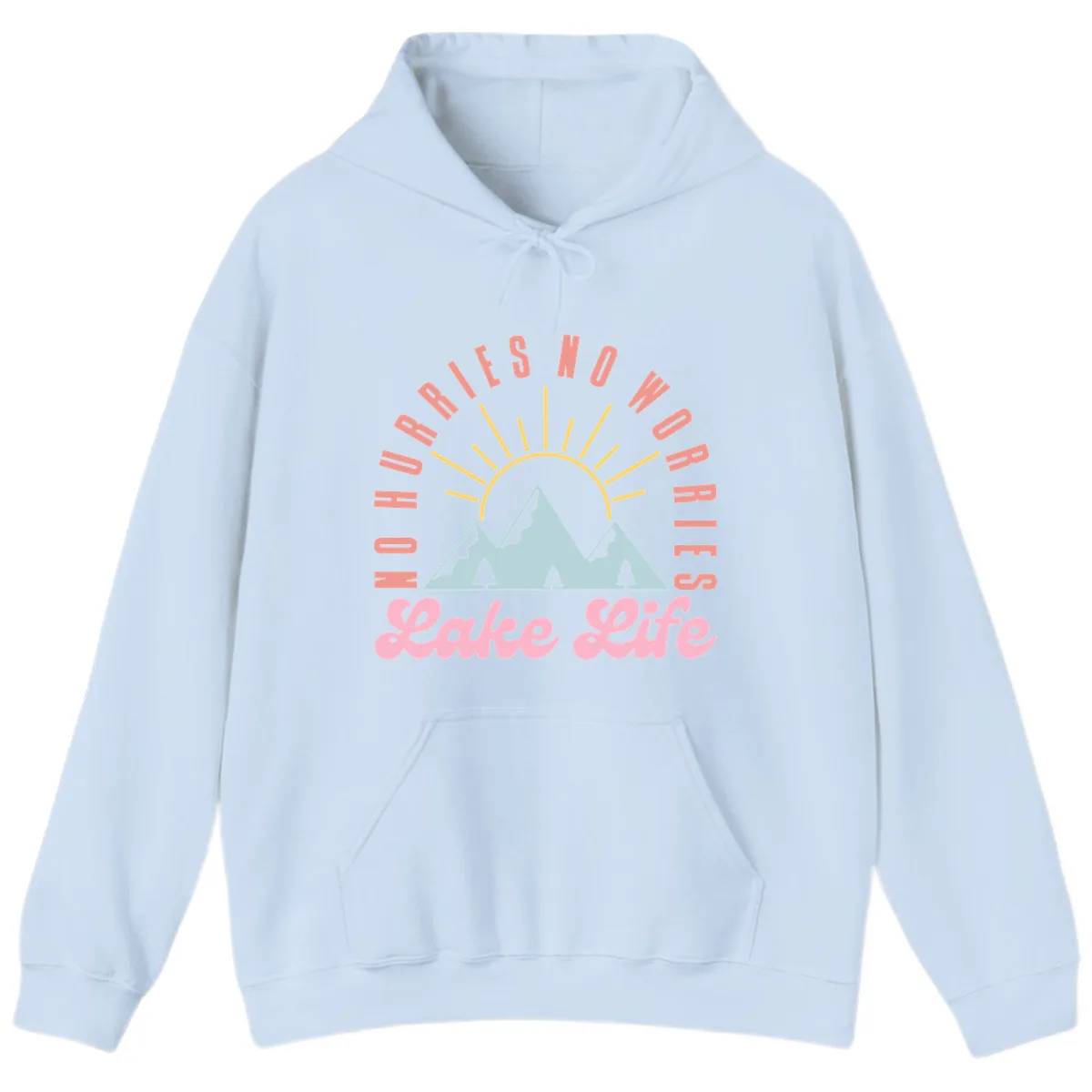 No Worries Lake Life Mountain Design Hoodie in Light Blue