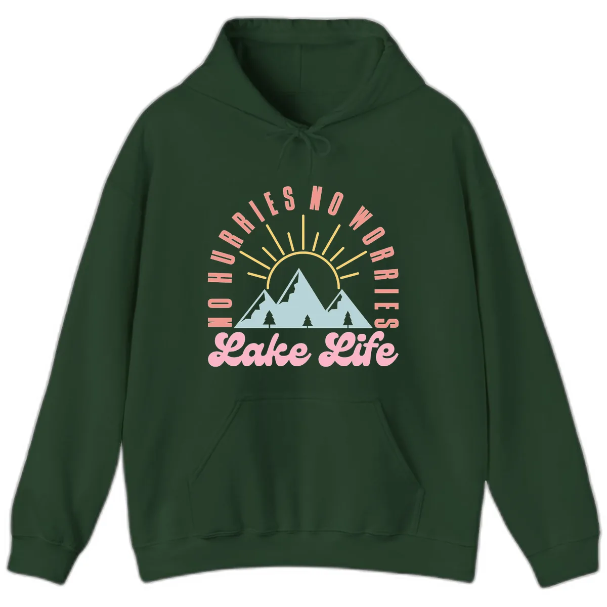 No Worries Lake Life Mountain Design Hoodie in Forest Green