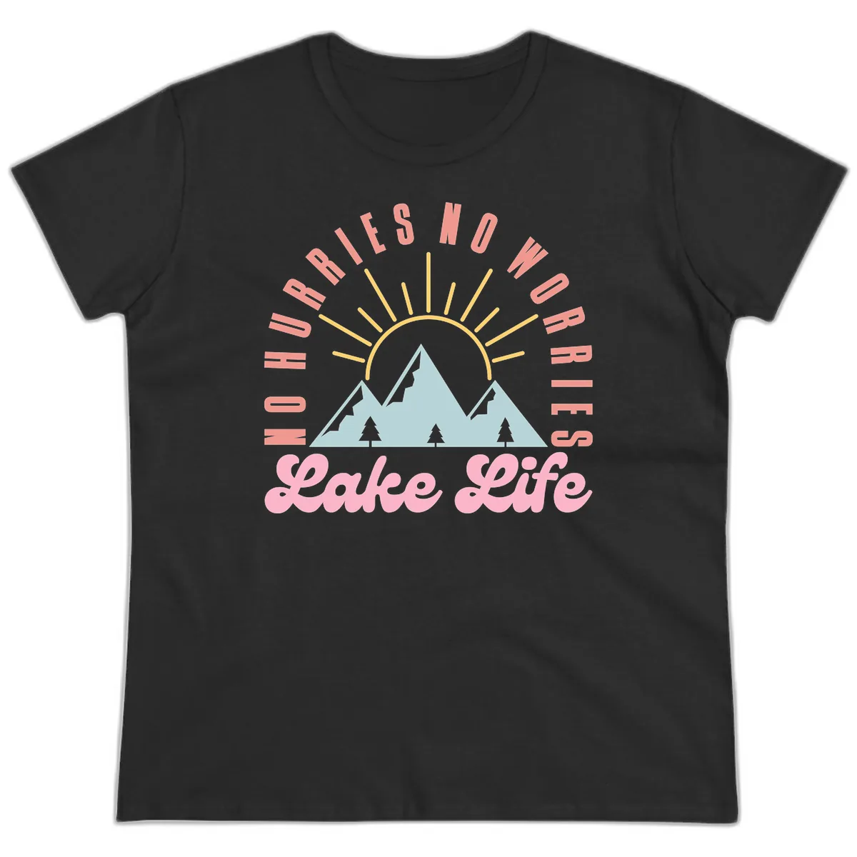 No Worries Lake Life Mountain Design Ladies Tee in Black