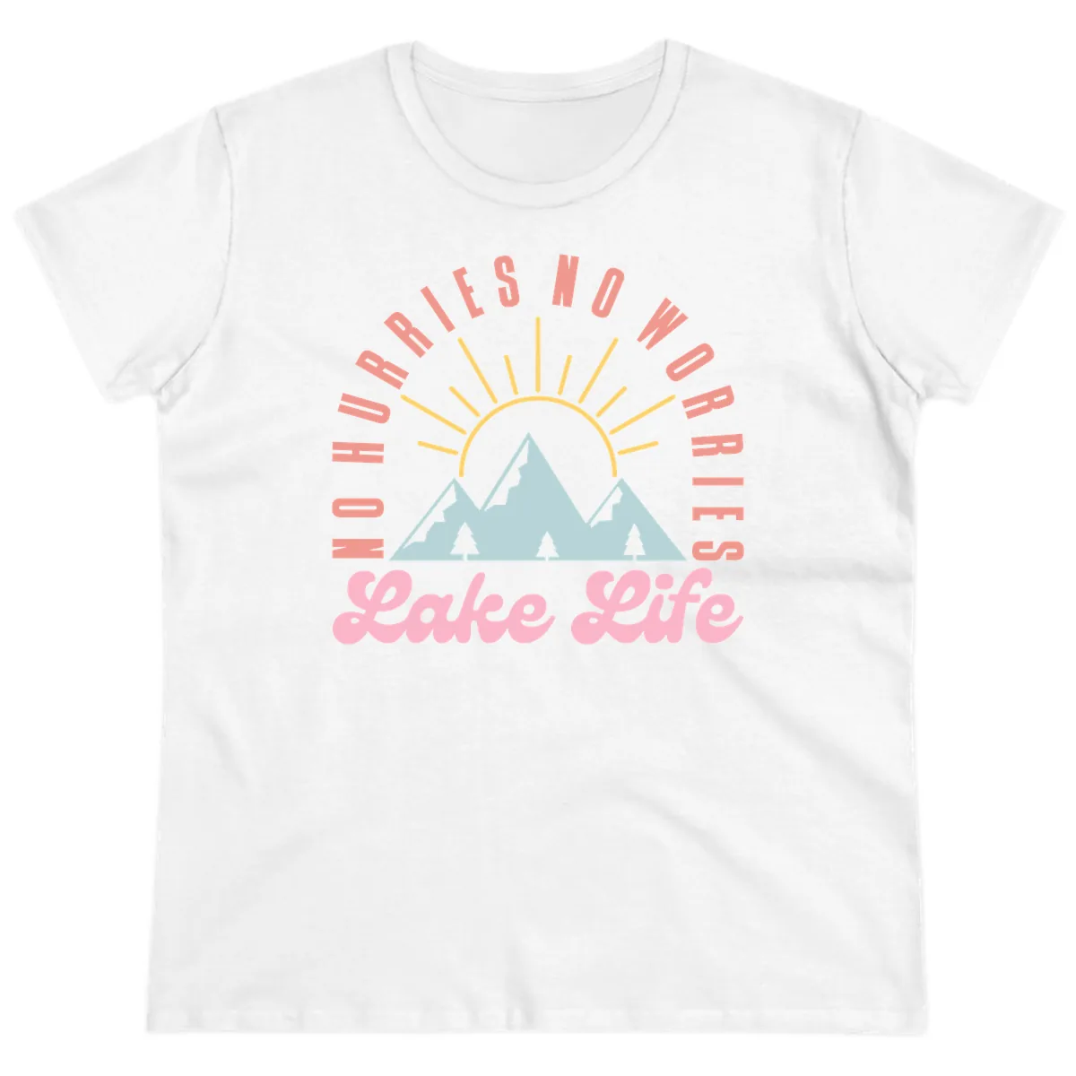 No Worries Lake Life Mountain Design Ladies Tee in White